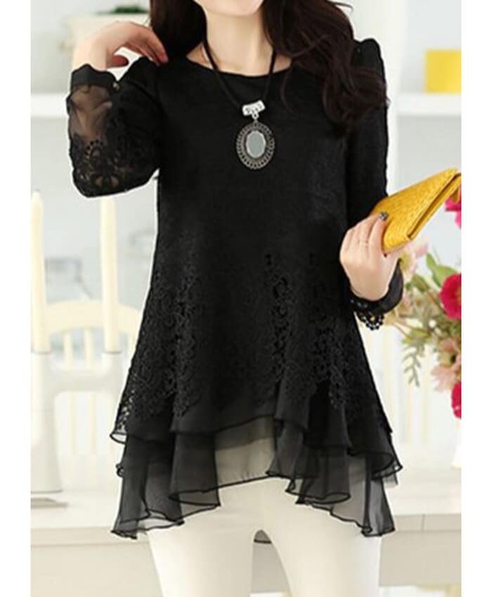 Long Sleeve Lace Panel Layered Black Blouse
